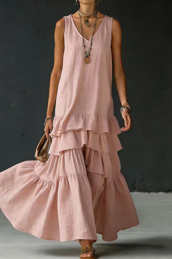 Solid-color Womens Loose-fitting Full-skirted Sleeveless Dress 