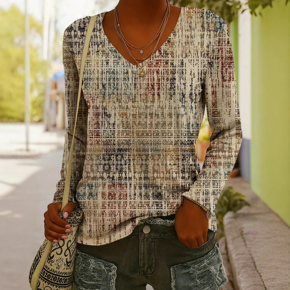 Fashionable Ethnic-Style Printed V-Neck Long-Sleeve T-Shirt 