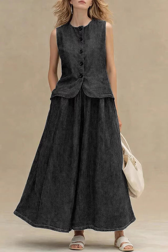 Womens Crew-Neck Denim Top And High-Waist A-Line Skirt Denim Set 