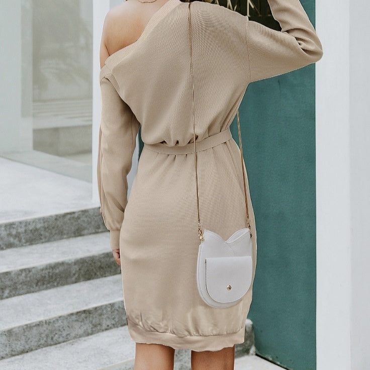 Ladies' Casual Solid Color Sloping Shoulder Collar Women's Fashionable Dress CJ