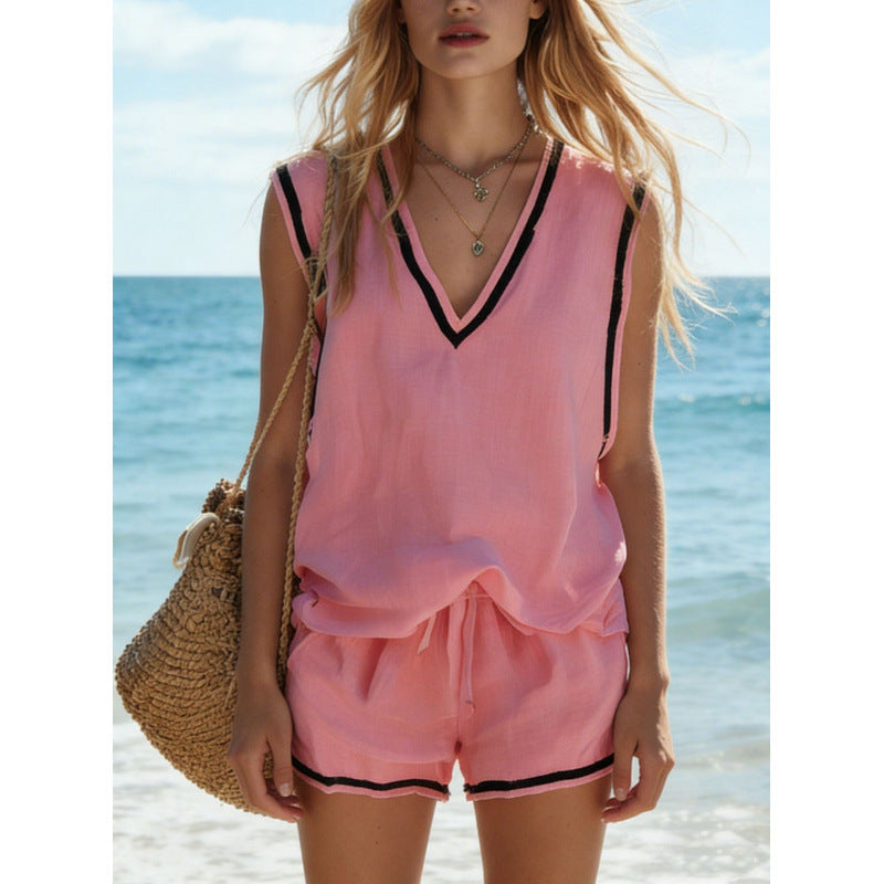Women's V-neck Vest And Shorts Two-Piece Set 