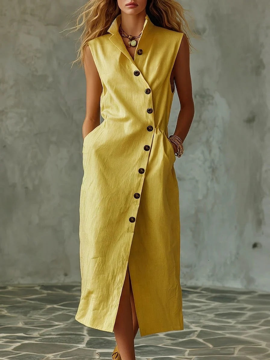 Slim-fit Elegant Single-breasted Dress With A Stand-up Collar For Women 