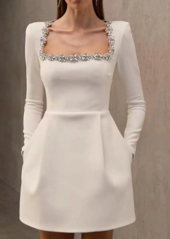 Christmas Elegant Square Neck Long-sleeved Dress With Flowers Rhinestone Design Fashion A-line Short Dresses Spring Clothing For Women CJ