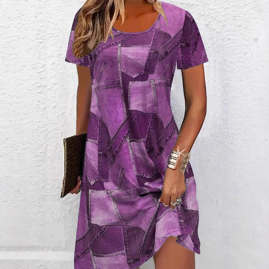 Women's Plus Size Digital Print Denim-Look Short Sleeve Dress 