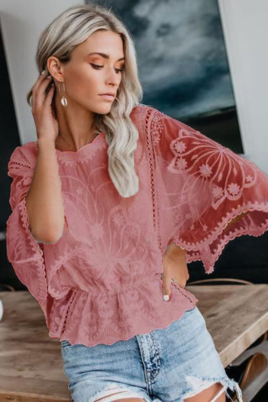 Womens New Arrival Lace Trim Top Short-Sleeve Shirt Loose Batwing Sleeve 