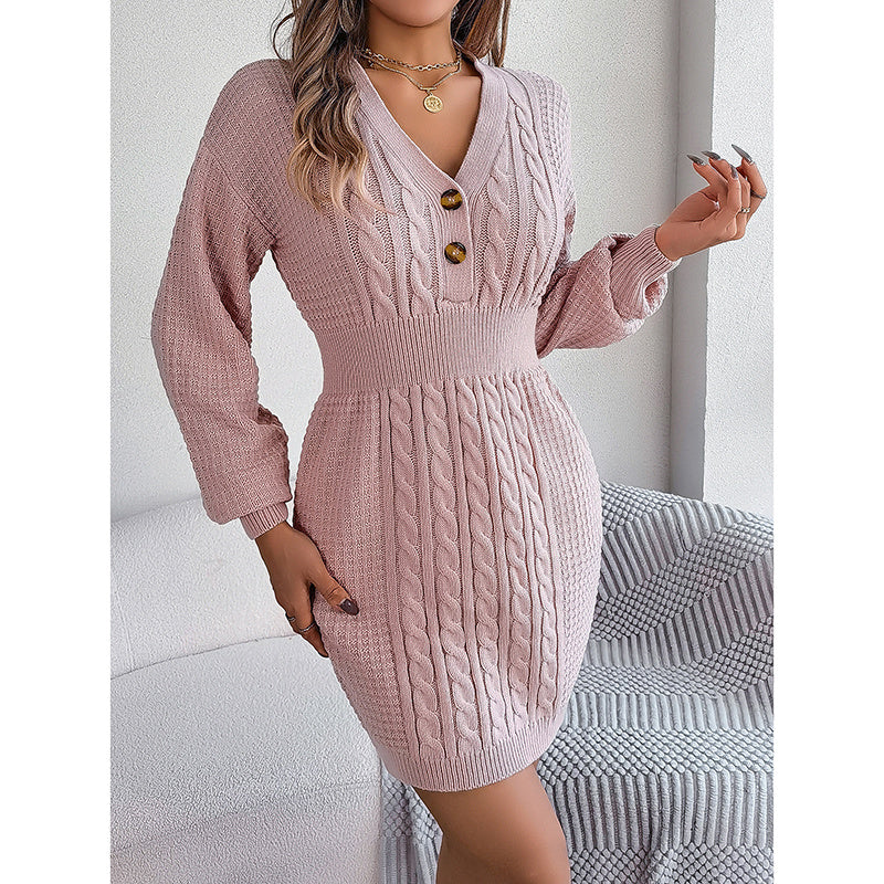 Women's Cable Knit Sweater Dress - V-Neck Button Front Lantern Sleeve Bodycon Mini Dress With Elastic Waist For Fall CJ US