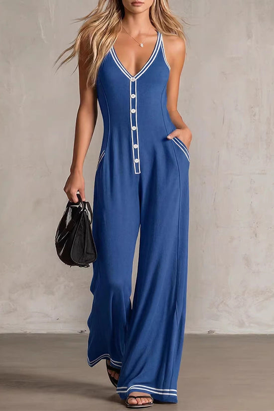 Womens V-Neck Casual Loose Backless Wide-Leg Jumpsuit 