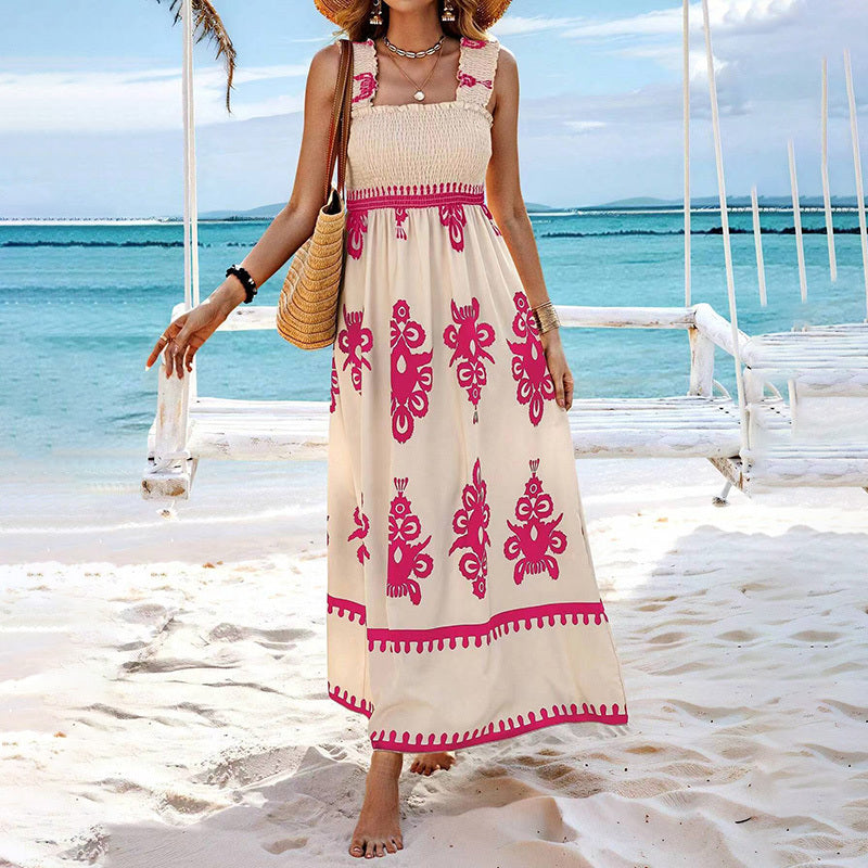 Women's Wide Strap Printed Maxi Dress With Bust Pleats, A-Line Vacation Dress CJ US
