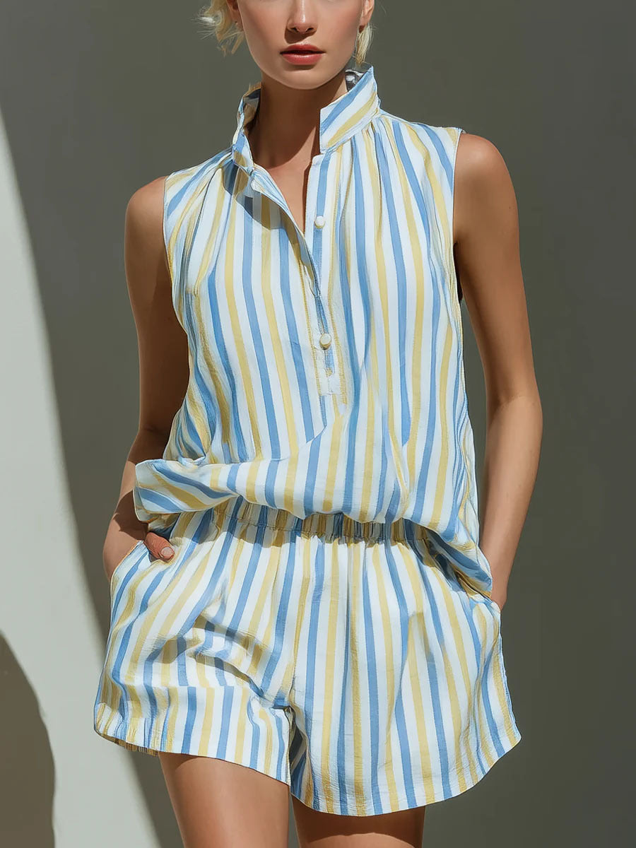Sleeveless Stand Collar Striped Vest And Casual Shorts Two-Piece Set 