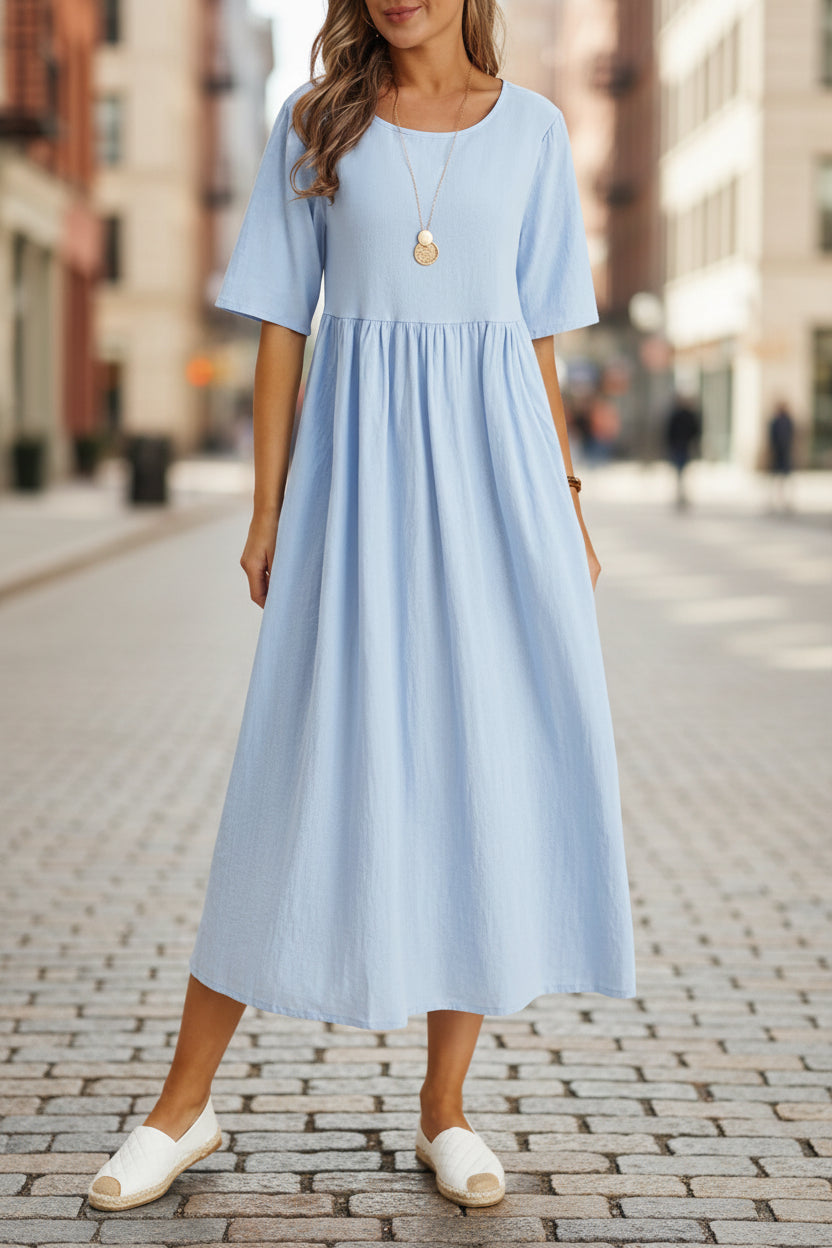 Plus Size Loose Cotton Linen Dress, Round Neck  Sleeve Midi Dress With Pockets 
