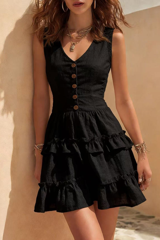 Sleeveless Linen Fashionable Casual Button-Up Dress 
