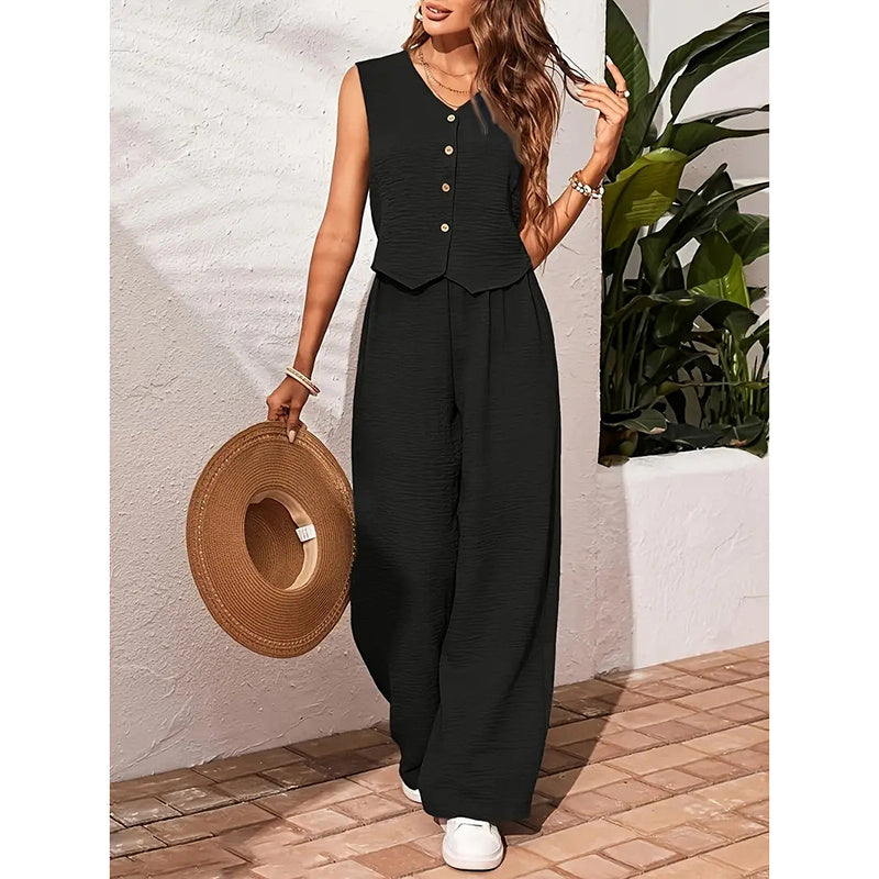 Womens Two Piece Outfits Summer Fashion Button V Neck Crop Vest Blazer And Wide Leg Pants Suit Matching Sets CJ US