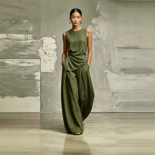 Womens Round-Neck Loose Sleeveless Top And High-Waist Pants Two-Piece Set 