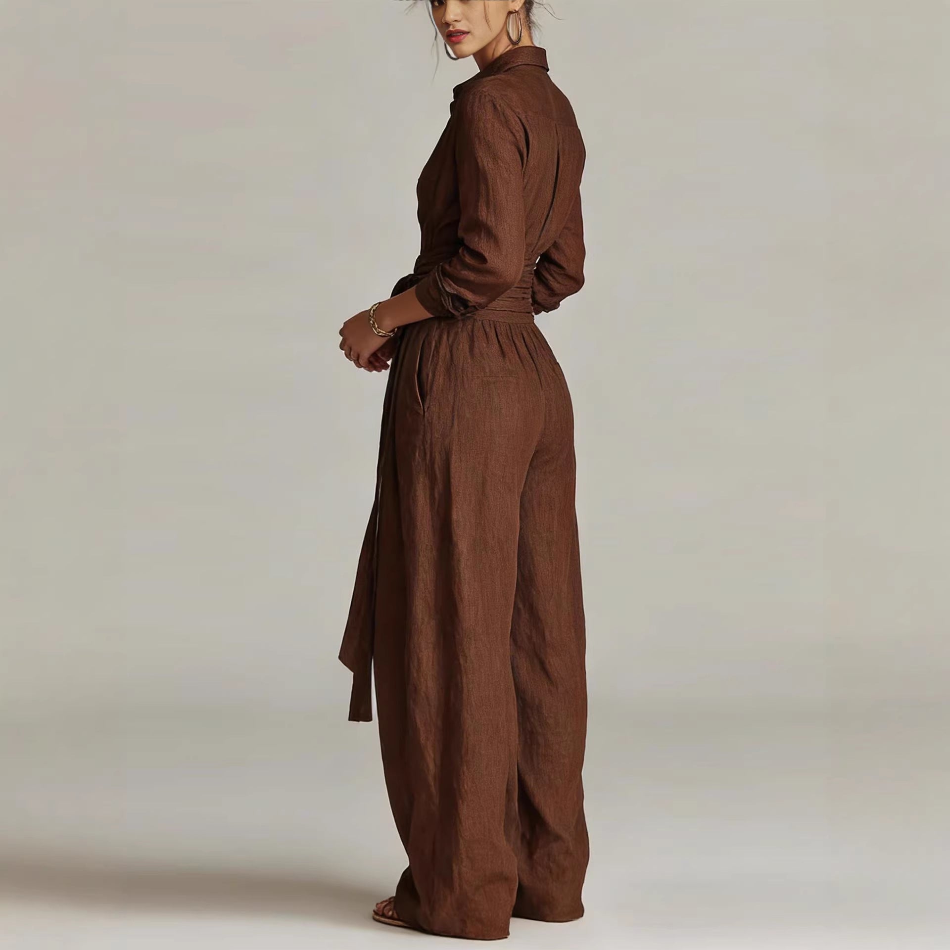 Solid color collar top high waisted pants two-piece set 