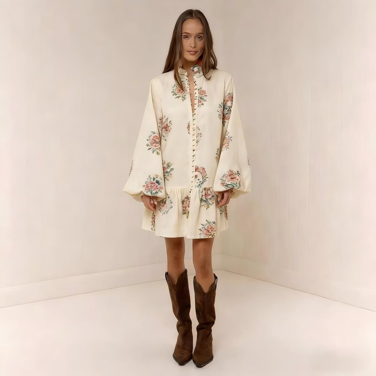 Digital-print Lantern Sleeve Linen Midi Dress 