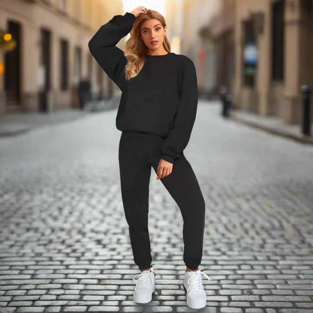 👚 Women's Solid Color Round Neck Pullover Sweatshirt & Pants Set FitiqueFit