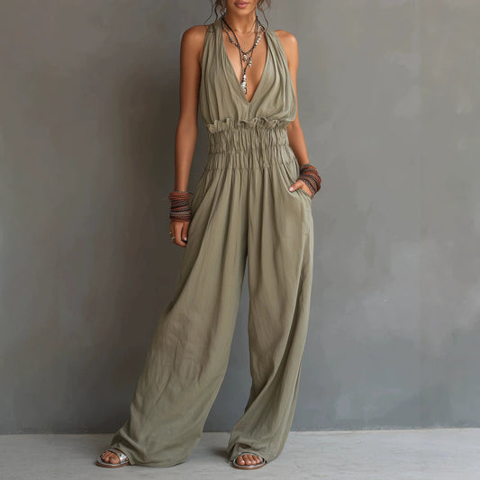 Strap-style V-neck Sleeveless Waist-cinching One-piece Suit 
