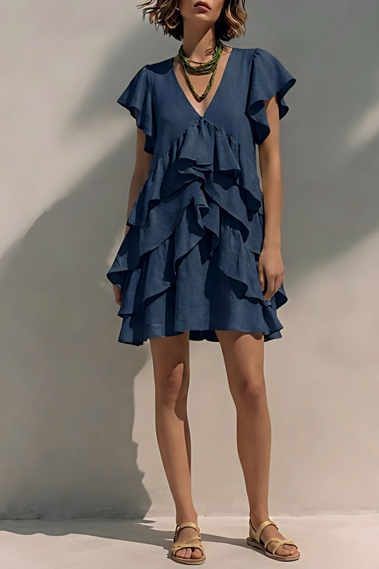 Women's V-Neck Ruffled-Edge Short-Sleeve Casual Loose Dress 