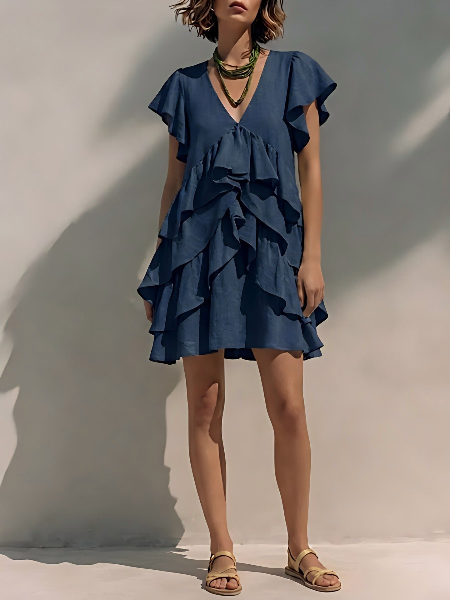 Women's V-Neck Ruffled-Edge Short-Sleeve Casual Loose Dress 