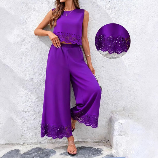 Fashionable Resort-Style Casual Hollow-Out Tank Top And Pants Two-Piece Set 