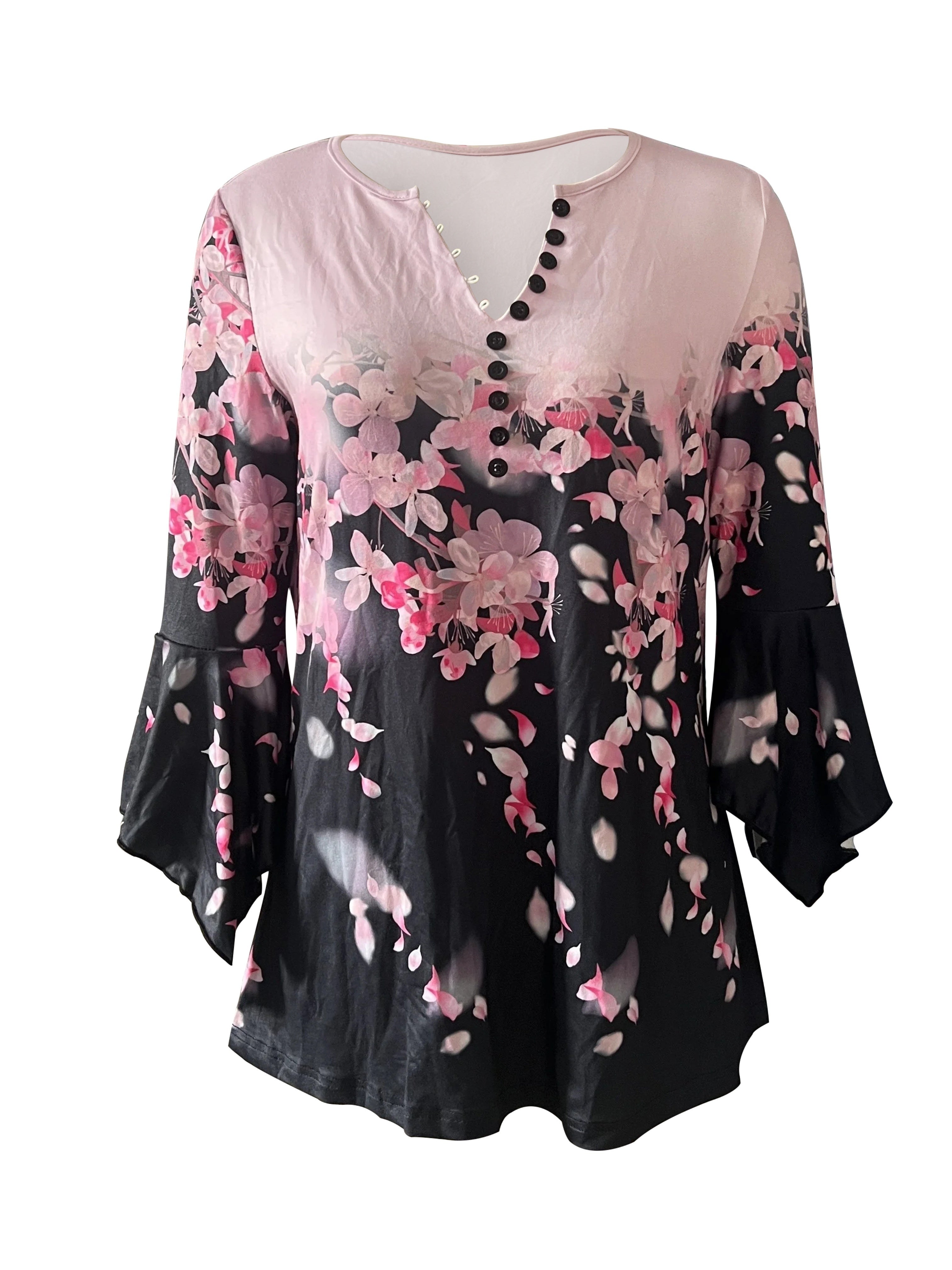 Spring And Autumn New Printed Spike Button Irregular Three-quarter Sleeve T-shirt Casual Top FitiqueFit