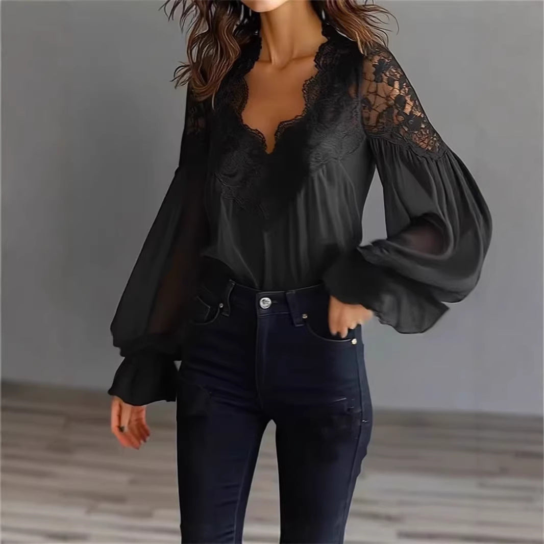 Lace-panelled Ruffled Puff-sleeve Pleated Shirt 