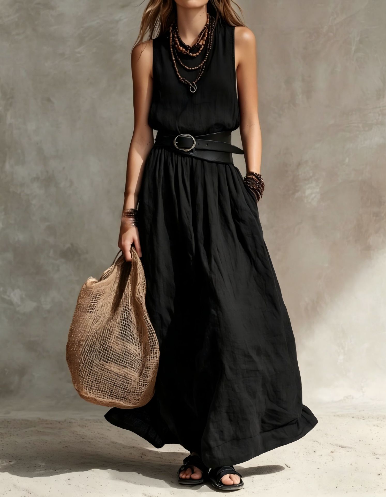 Turn-down Collar Long Sleeveless Dress 