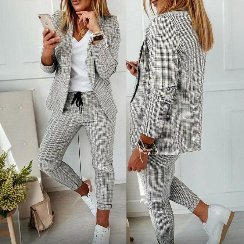 Women's Solid Color Plaid Long Sleeve Suit Two-piece Set With Pockets & Drawstring Waist Office Wear For Spring&Fall CJ US