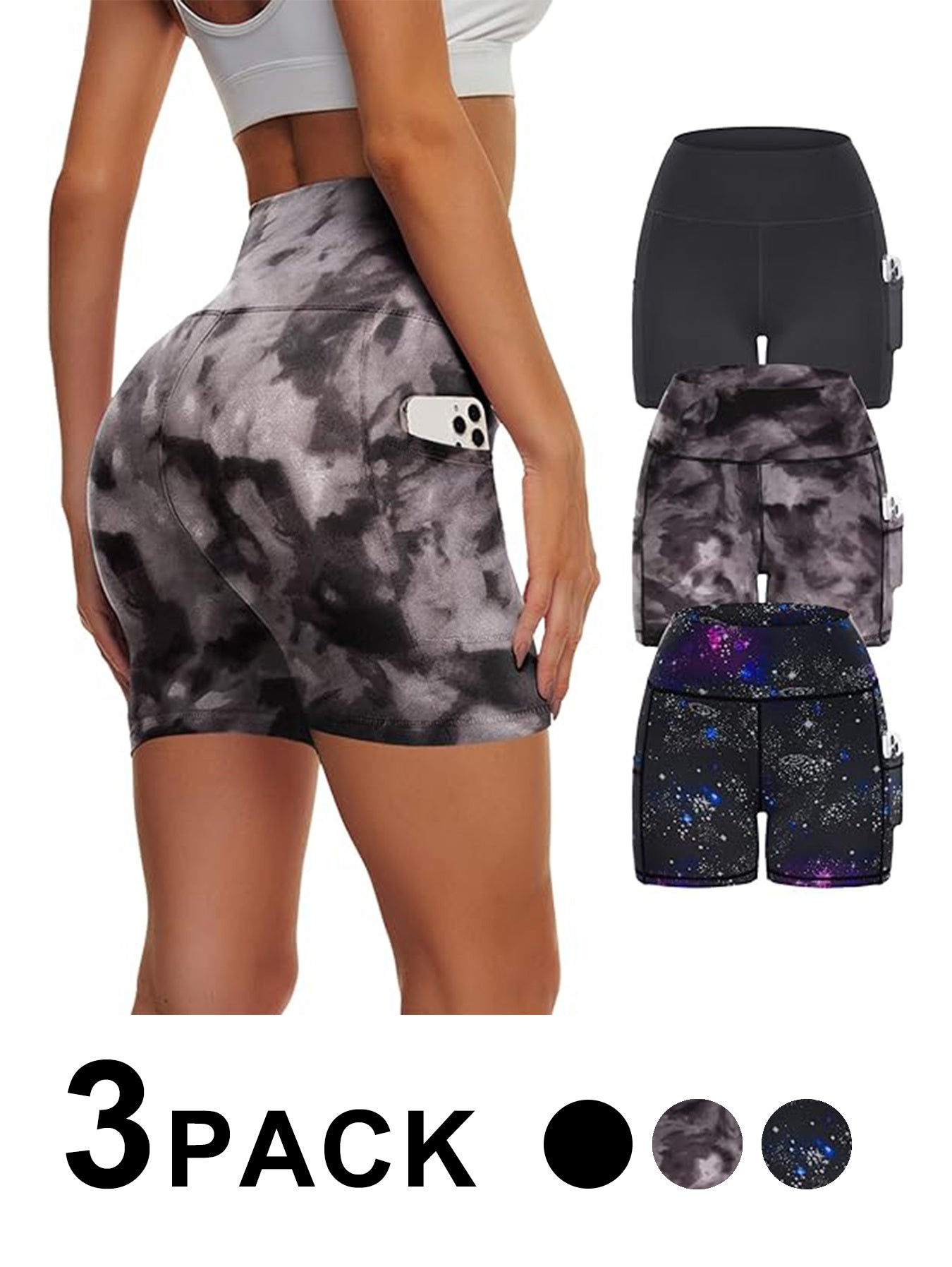 Yoga Pants - Three Points High Waist 3 Pieces Of Polyester Double Grinding Black Polyester Double Grinding Black Tie-dye Polyester Double Grinding Blue Purple Starry Sky CJ