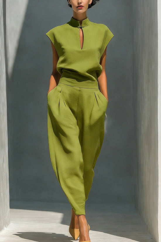 Chinese-style Satin Short-sleeve T-shirt And Pants Set For Women 