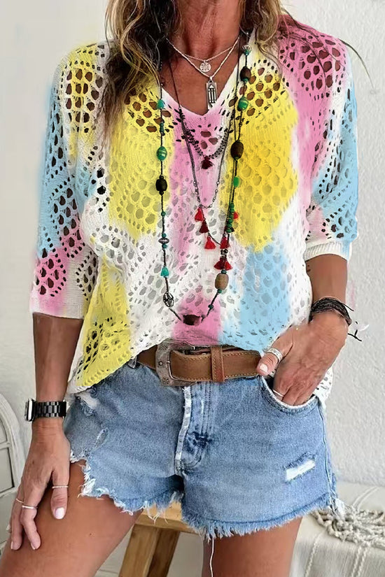 Womens Hollowed-Out Batwing-Sleeve Sweater With 3D Knitted Print 