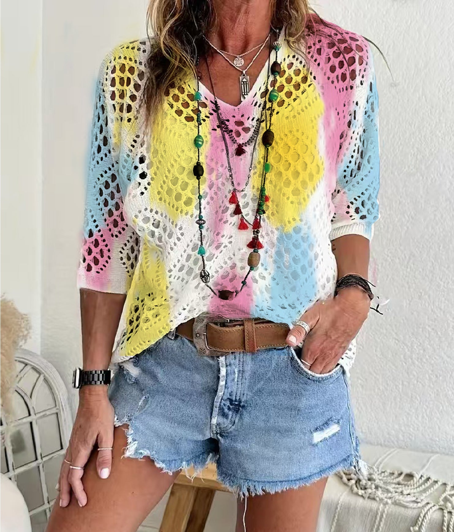 Womens Hollowed-Out Batwing-Sleeve Sweater With 3D Knitted Print 