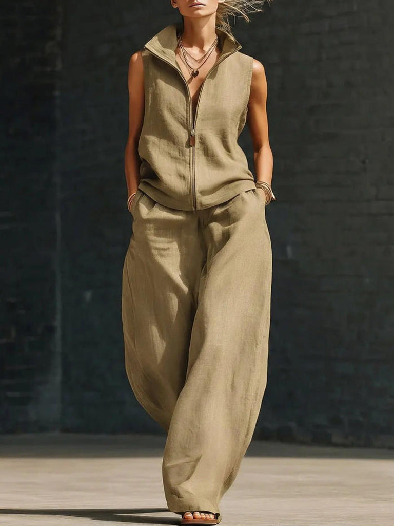 Sleeveless Stand Collar Zippered Linen Cotton Two-Piece Set 