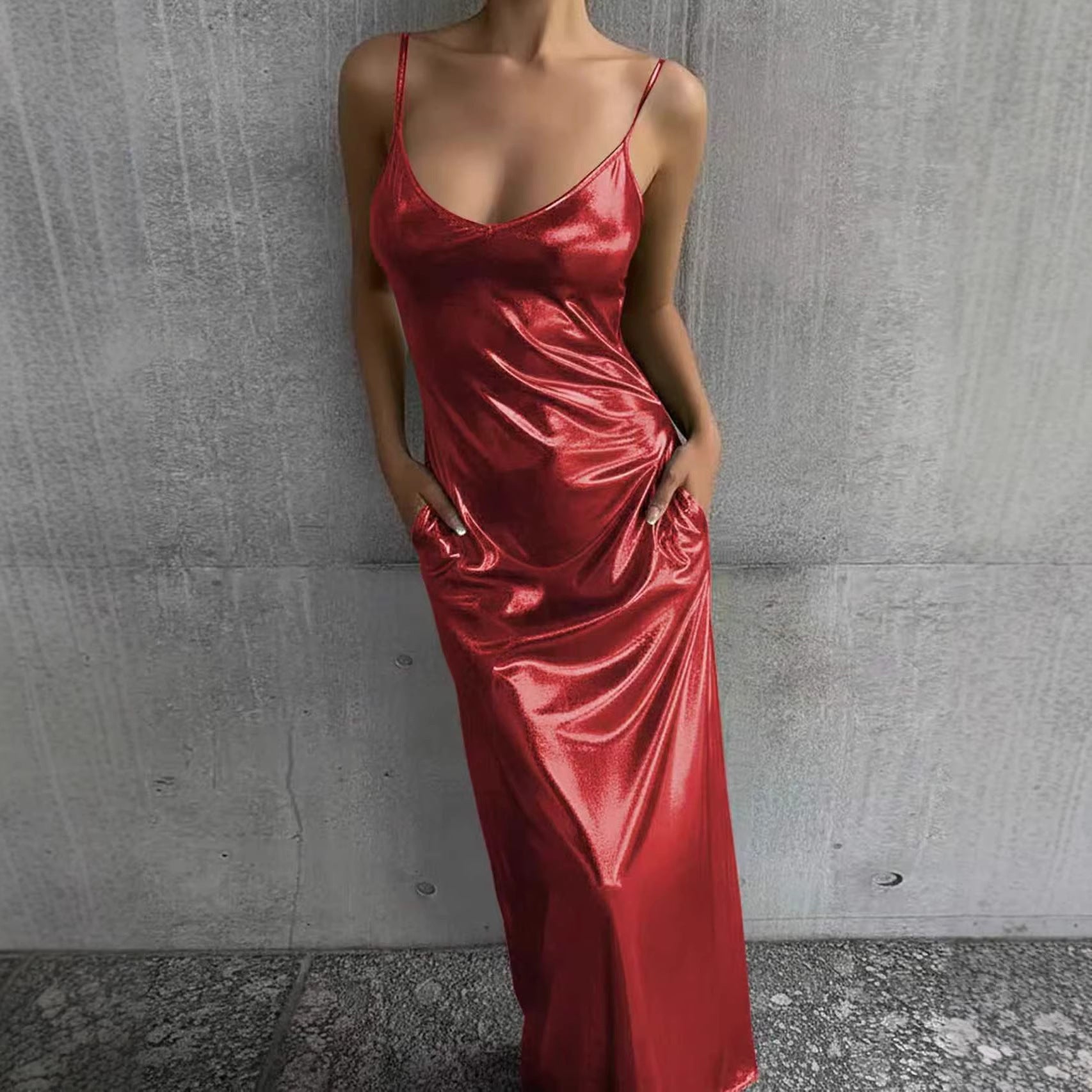 Textured Mirror-Finish Pocket Solid-Color Slip Dress With U-Neck For Women 