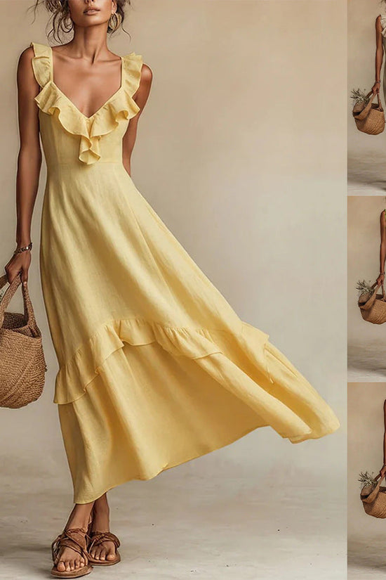 Elegant And Chic Cotton-Linen Dress With Ruffled Flutter Sleeves And A Flowing Hem 