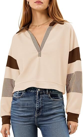 Fisoew Women's Long Sleeve Crop Tops Polo V Neck Color Block Casual Loose Pullover Cropped Sweatshirt Diversi Fashion™