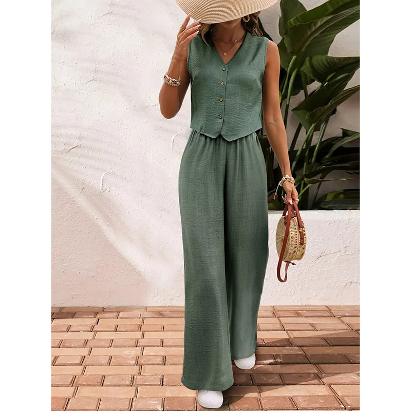 Womens Two Piece Outfits Summer Fashion Button V Neck Crop Vest Blazer And Wide Leg Pants Suit Matching Sets CJ US