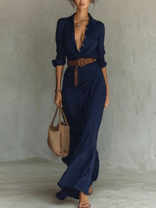 Women Autumn Elegant Sexy Solid Color Irregular Ruffle Dress With Belt 