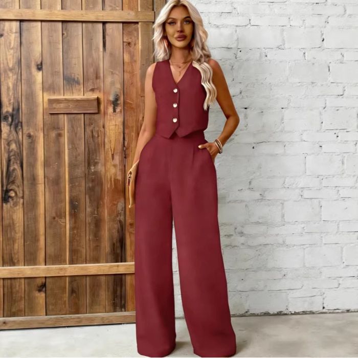 Womens Fashion Plus-Size Buttoned Vest Set 
