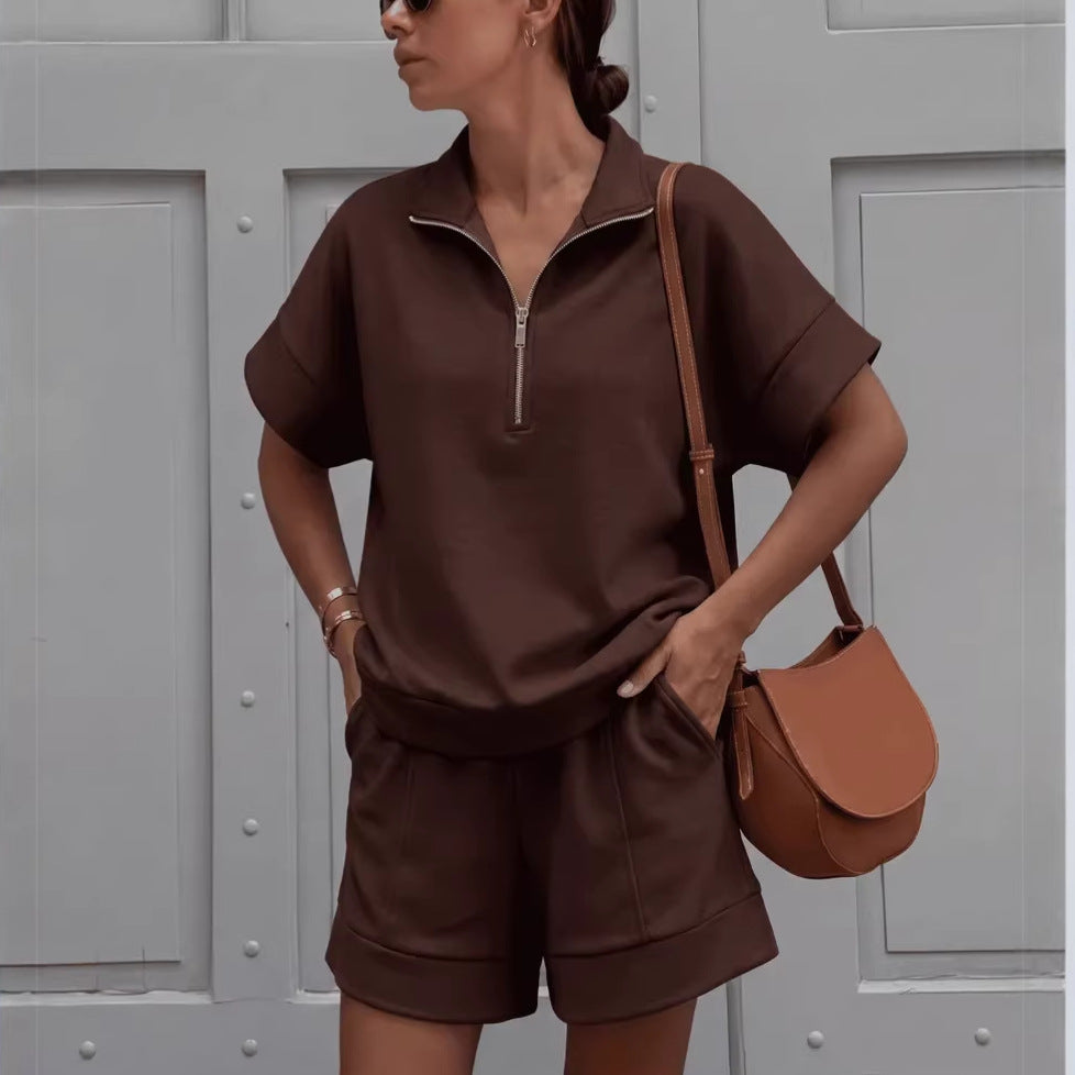 Solid-color Fashion Casual Short Two-piece Sweatshirt Set 