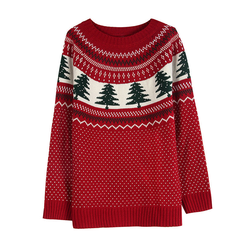 Women's Casual Pine Pattern Sweater, Loose Fit Round Neck Long Sleeve Knit Top For Holiday Parties 