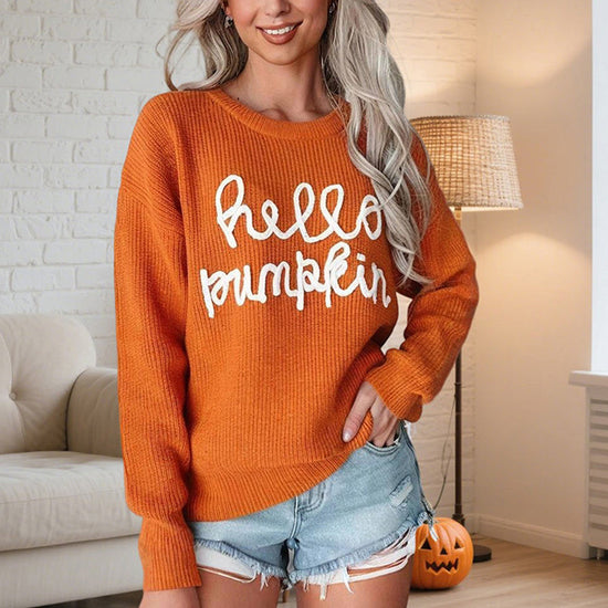 Women's Casual Round Neck Long Sleeve Letter Graphic Sweater Fall Winter Warm Comfortable Pullover Tops CJ US