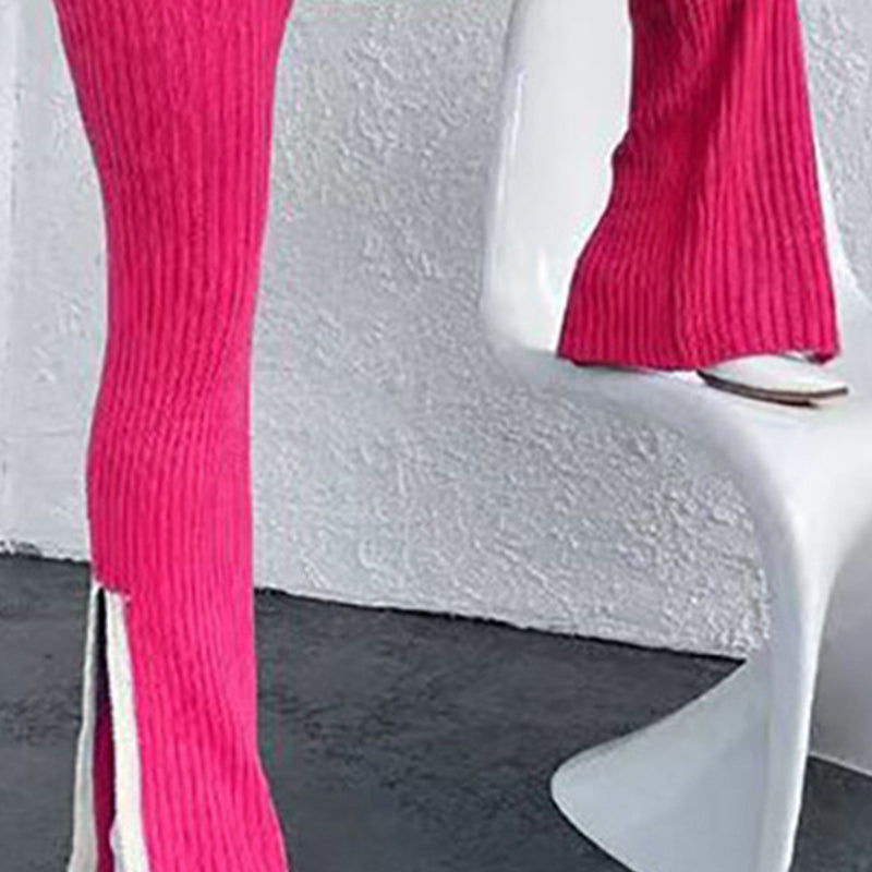 Women's Casual Color-Block Two Piece Set, Long Sleeve Crop Top With Slim Slit Pants, Spring&Autumn Comfort Outfit 