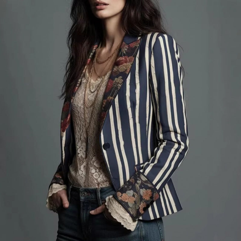 Women's Bohemian Color-Block Striped Blazer 