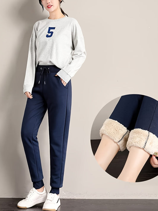 Women's Fleece Sweatpants Jogger Fleece Pants With Drawstring Waist, Boyfriend Style, Long, Solid Color, Slightly Stretchy Fabric 