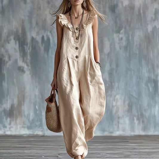 Womens Solid-Colored Sleeveless Button-Down Jumpsuit 