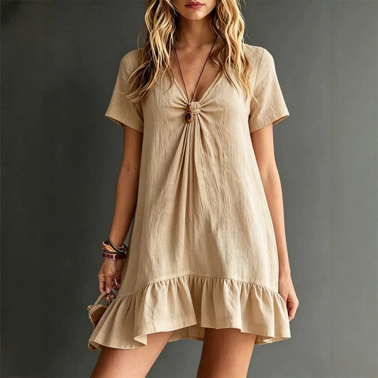 Womens Solid-Color V-Neck Short-Sleeve Casual Dress 