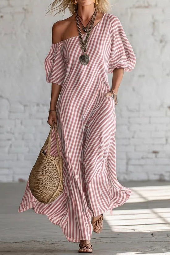 Womens Striped Off-shoulder Dress 