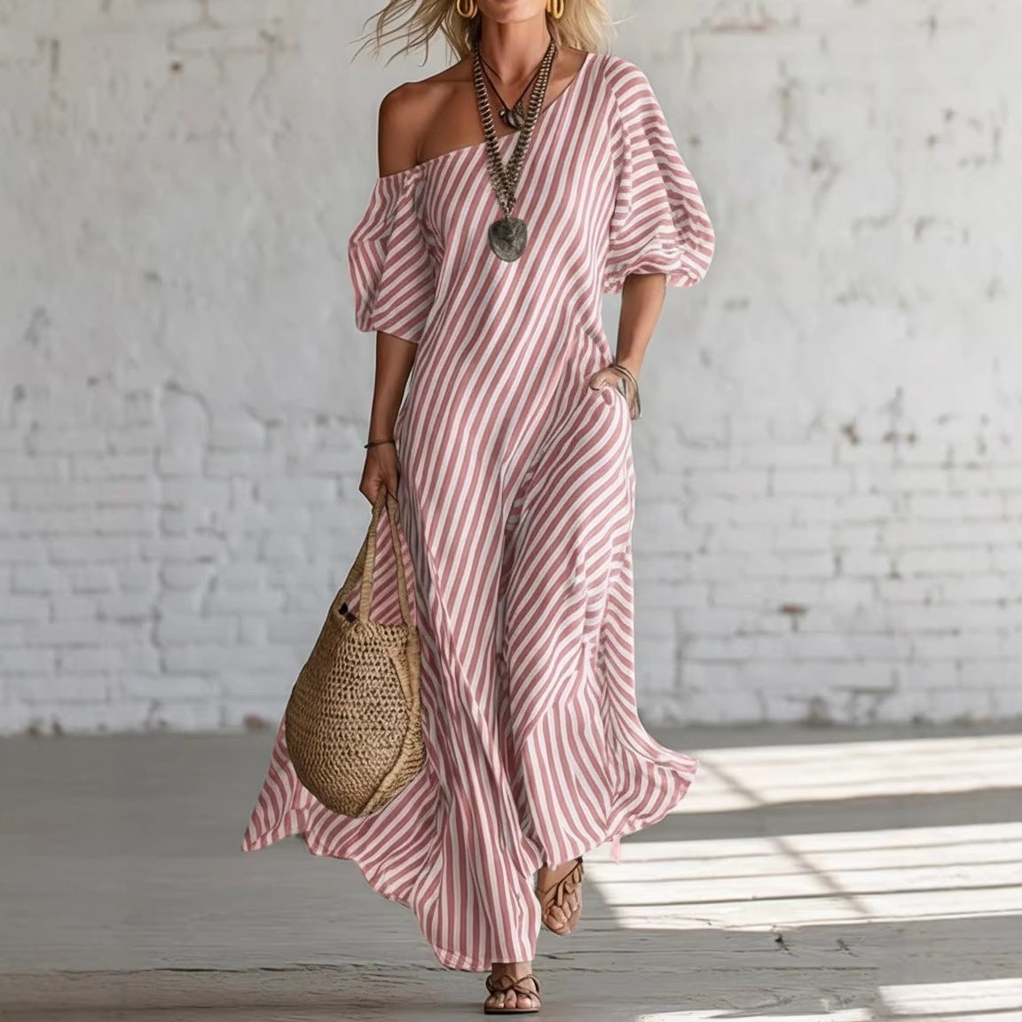 Womens Striped Off-shoulder Dress 