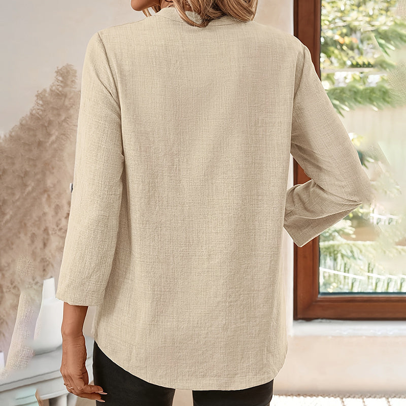 Womens Casual Summer Shirts Notch V Neck Blouses 3 4 Roll Sleeve Tunics Tops CJ US